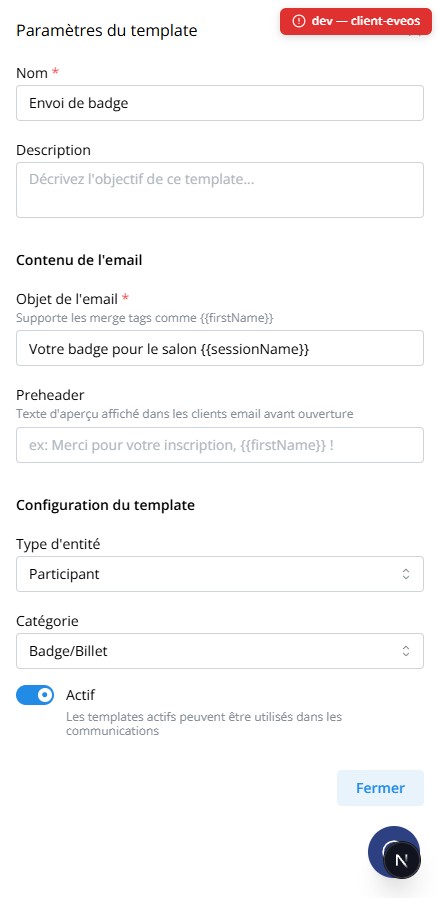 Paramètres du template d’email