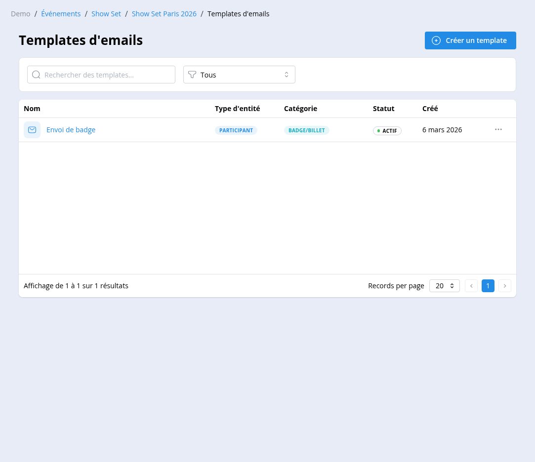 Liste des templates d’emails