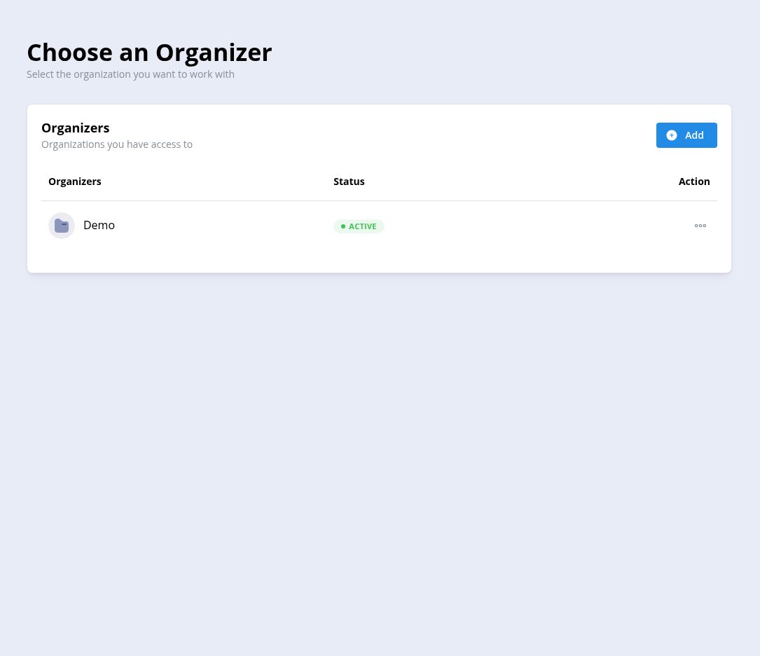 Organizer selection screen in English