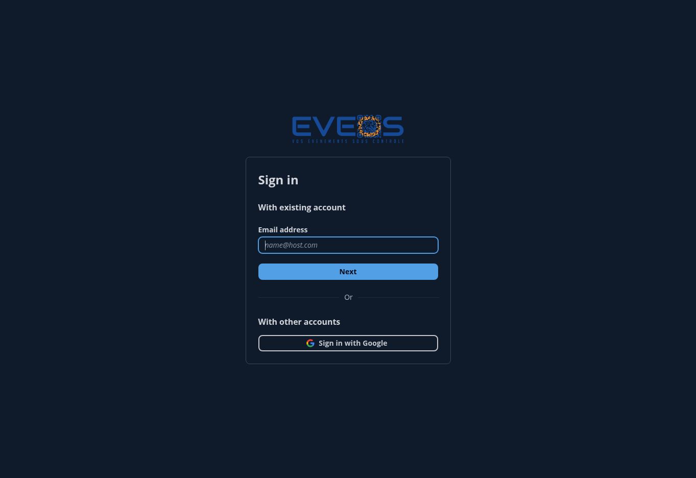 Eveos sign-in screen in English