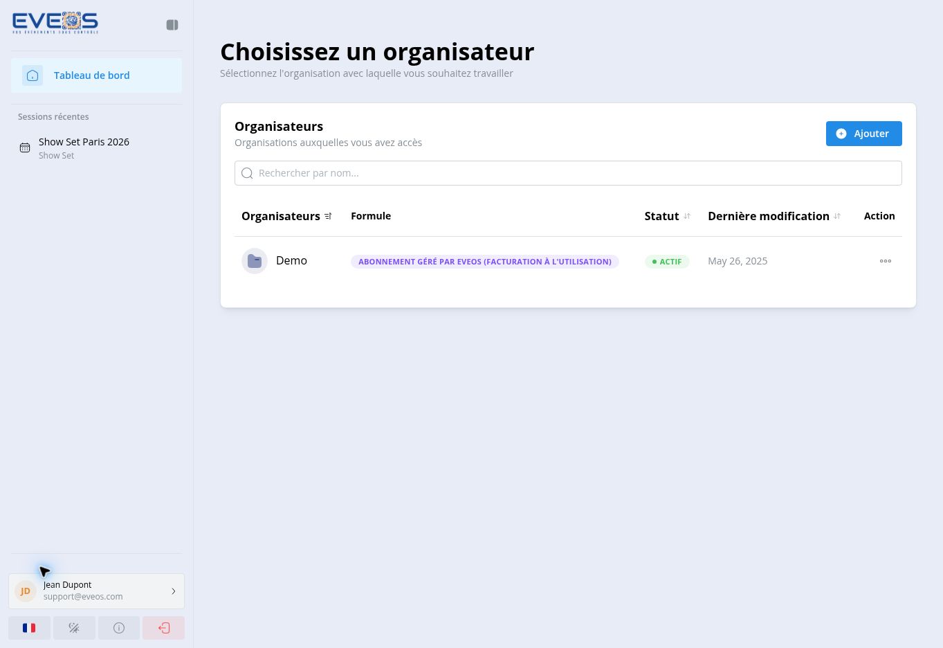Choix d’un organisateur dans Eveos