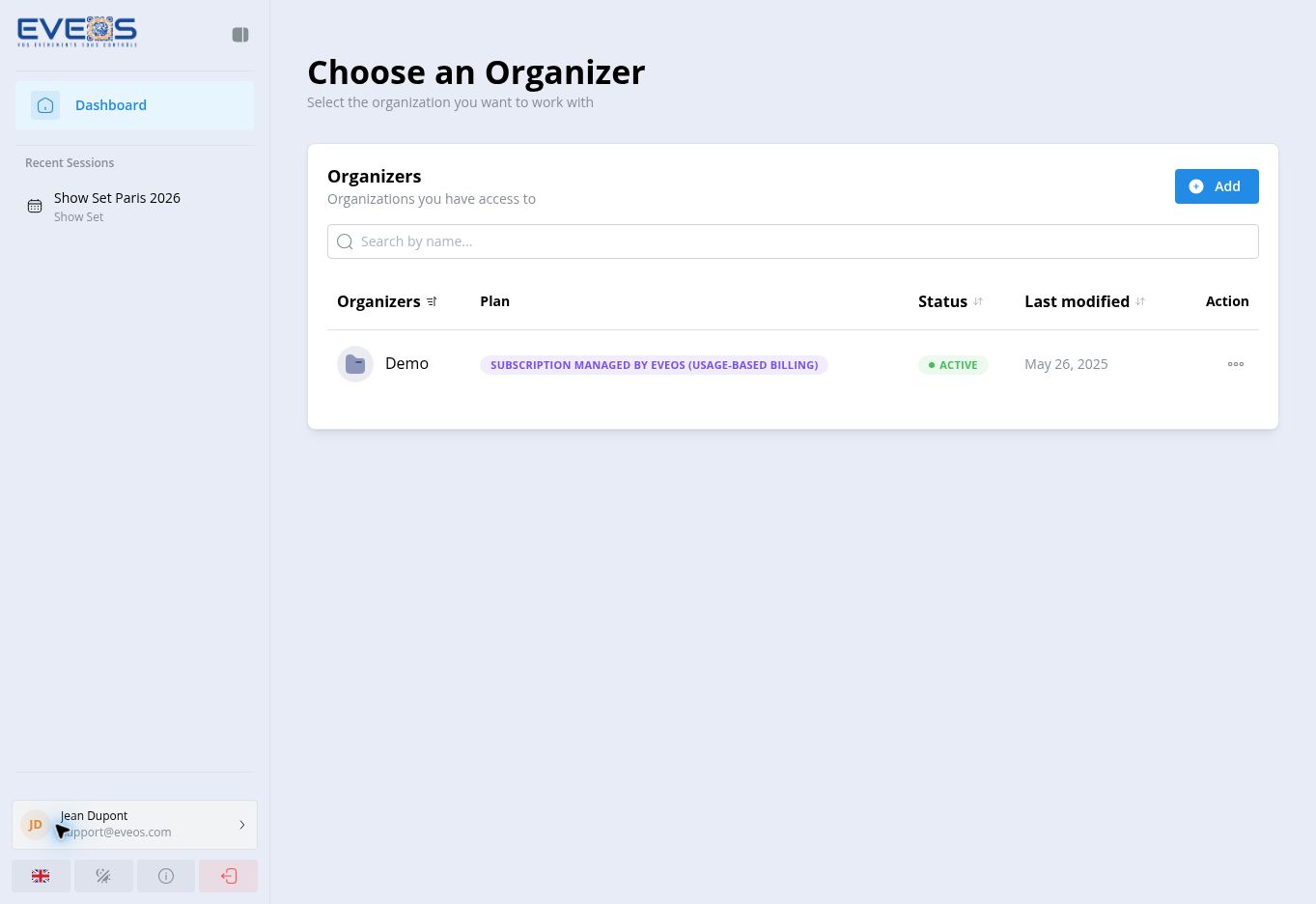 Choose an organizer in Eveos