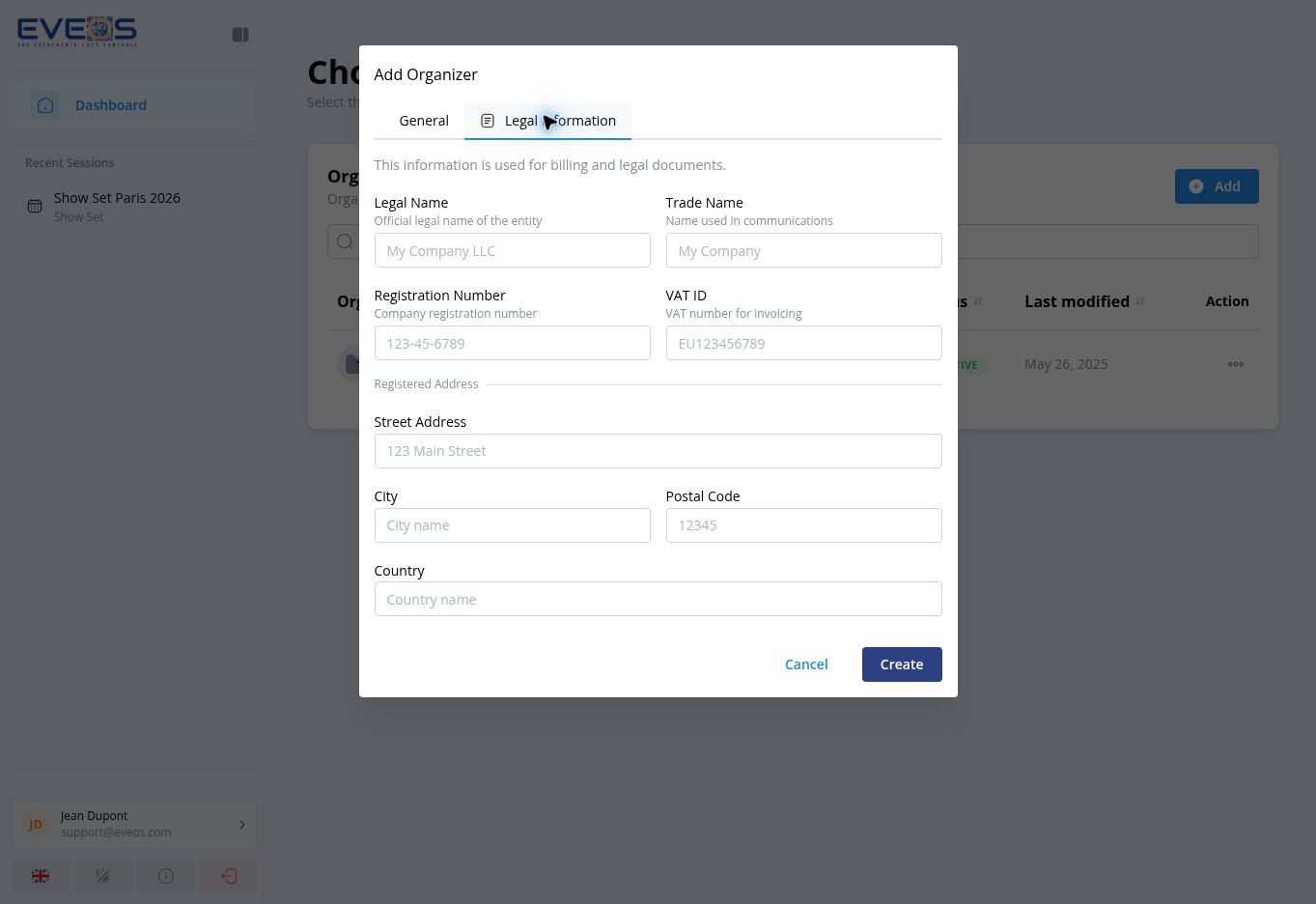 Organizer legal information