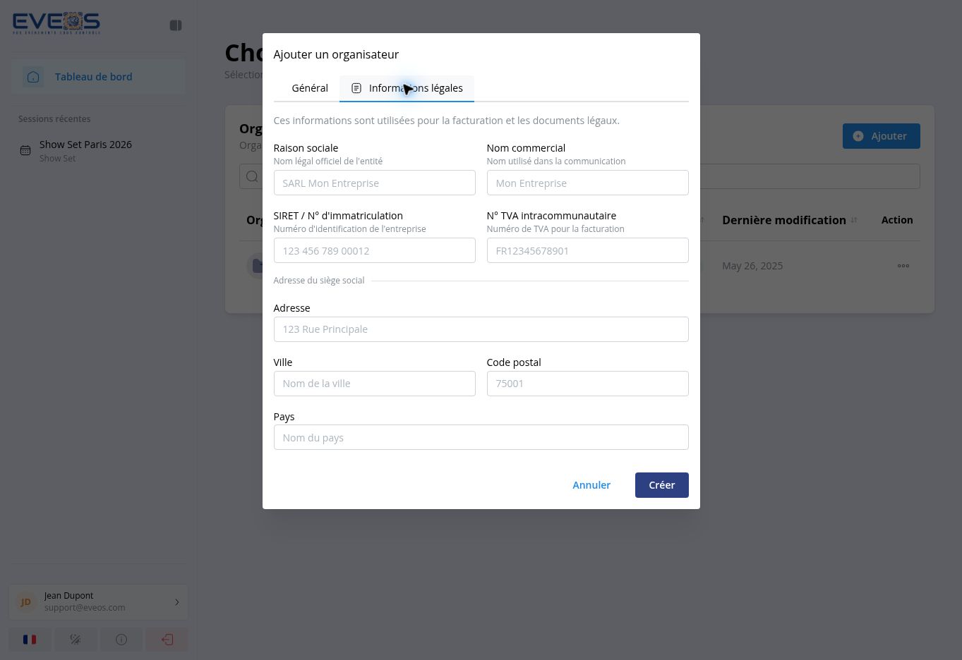 Informations légales de l’organisateur