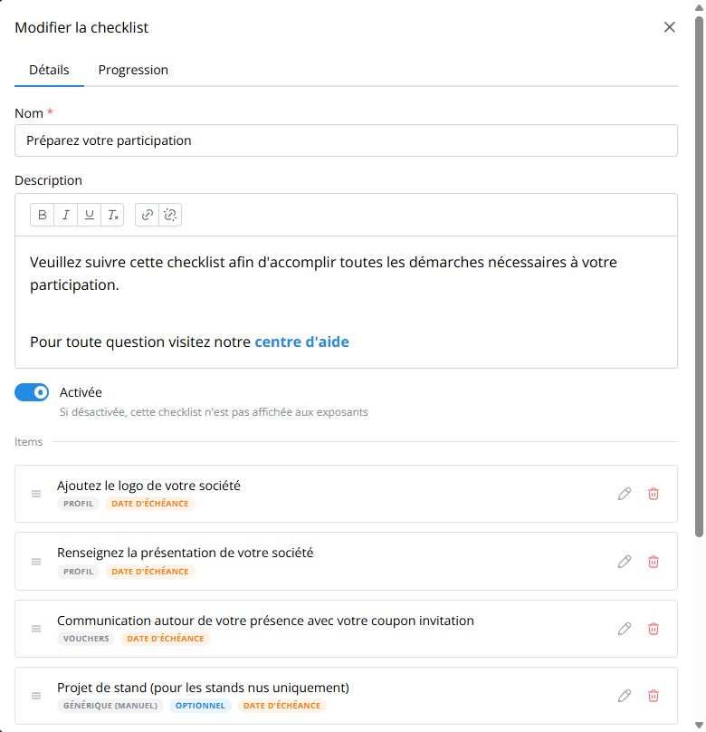 Formulaire de la checklist