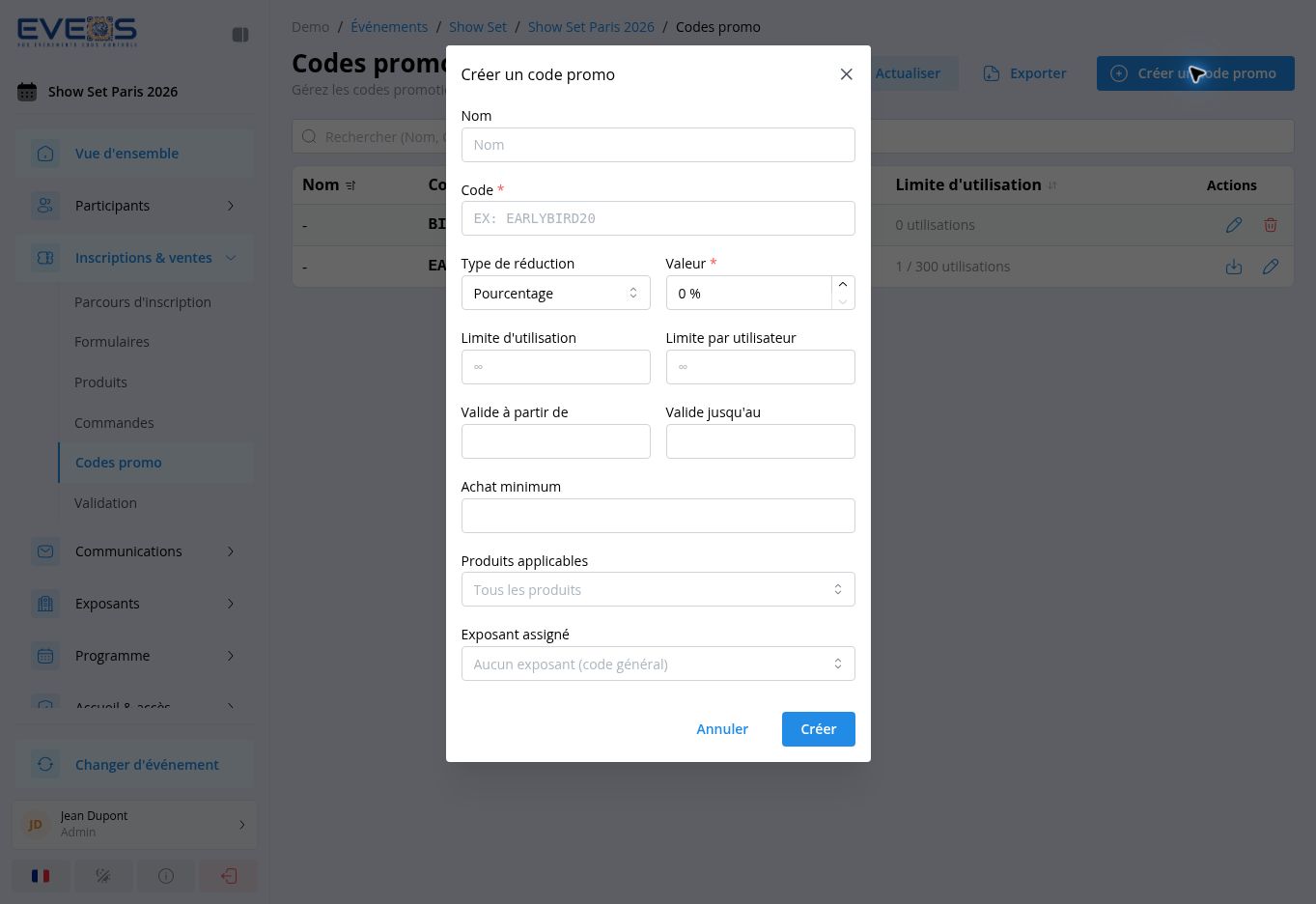 Création d’un code promo