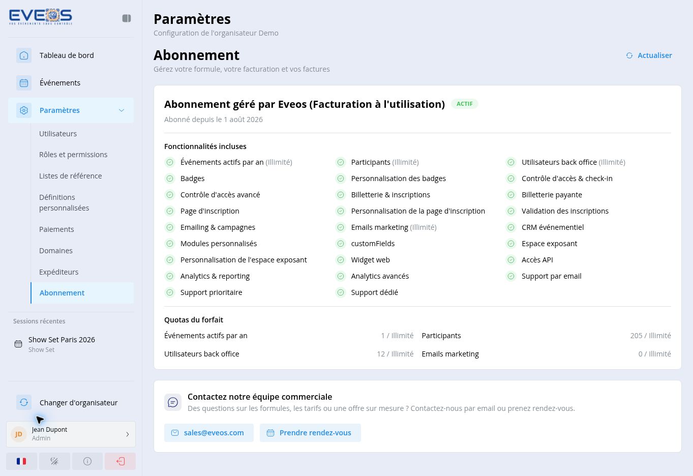 Abonnement de l’organisateur