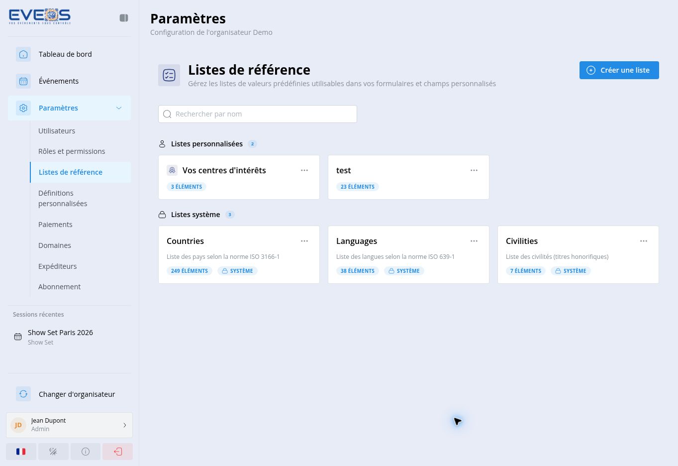 Listes de référence