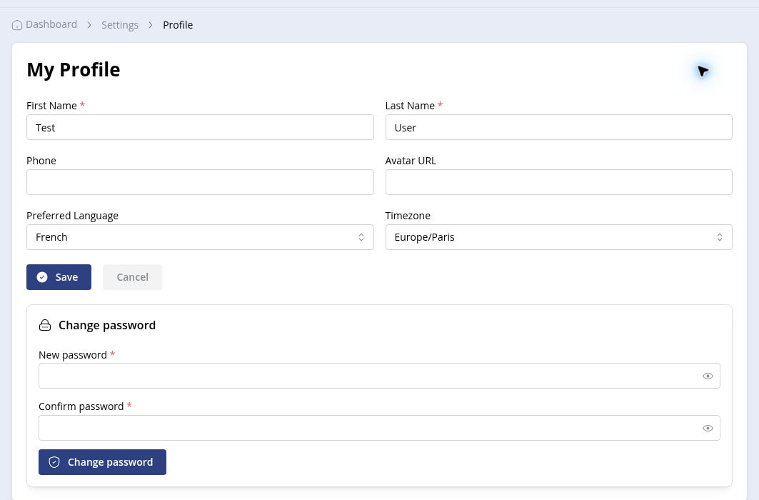 Profile editing form in English